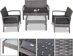 Casaria Polyrattan Loungeset – 2 Stoelen 1 Bank 1 Tafel - Antraciet -Buitentuinwinkel 1200x931 5