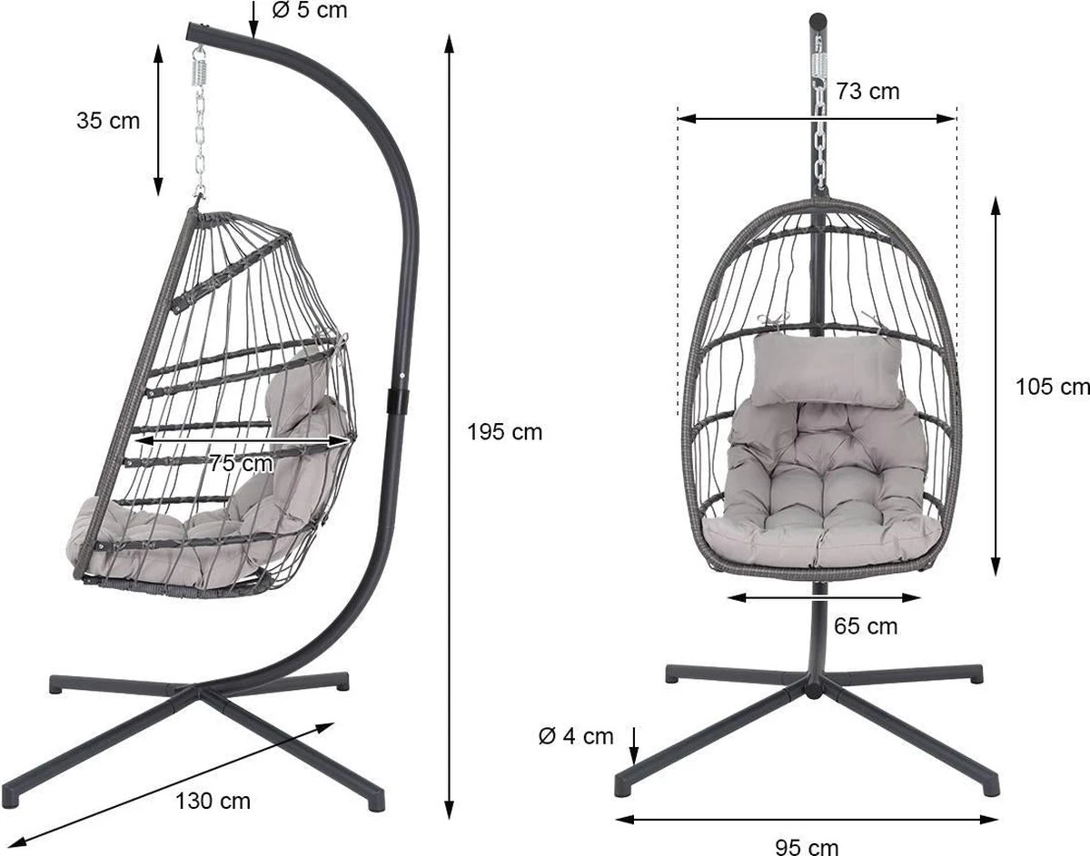Pro Garden Lowander Hangstoel Egg 191x126x126- Schommelstoel Met Rattan Cocoon En Robuust Stalen Standaard Incl. Kussens - Volledig Inklapbaar - Lichtgrijs 15 Pro Garden Lowander Hangstoel Egg 191x126x126- Schommelstoel Met Rattan Cocoon En Robuust Stalen Standaard Incl. Kussens - Volledig Inklapbaar - Lichtgrijs - Afbeelding 13