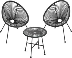 Songmics Balkonmeubilair, Tuinmeubelset, Set Van 3, Zitgroep, Terrasmeubilair, Glazen Tafelblad, 2 Stoelen, Voor Binnen En Buiten, Voor Patio, Tuin, Balkon, Buiten, Zwart GGF013B02
