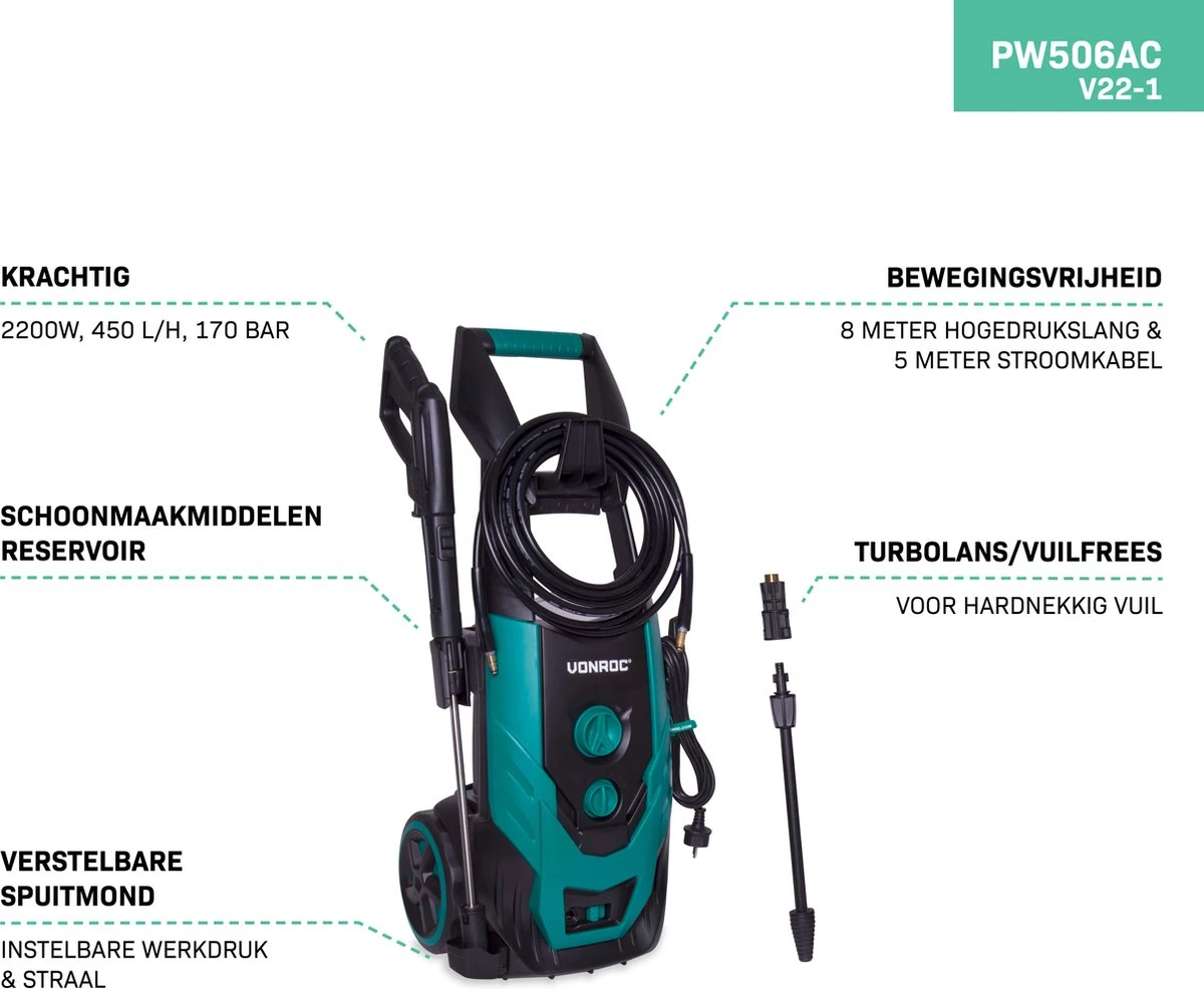 VONROC Hogedrukreiniger V22-1 2200W – 170 Bar – 450 L/h – Incl. 8m Slang, Reinigingsmiddelen Tank, Spuitstukken En Accessoires 5 VONROC Hogedrukreiniger V22-1 2200W – 170 Bar – 450 L/h – Incl. 8m Slang, Reinigingsmiddelen Tank, Spuitstukken En Accessoires - Afbeelding 3