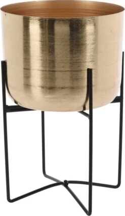 Merkloos Luxe Plantenpot/bloempot Goud Van 22 X 22 Cm Op Een Zwarte Metalen Standaard Met Een Hoogte Van 36 Cm