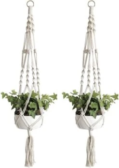Merkloos Plantenhanger Macramé - Luxe Gevlochten Touw Katoen - 2 Stuks - Plantenpot Ophangen